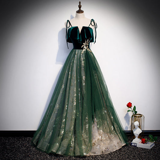 Banquet Sling Temperament Long Dress Dark Green Fantasy Mori - Enfance-Heureuse