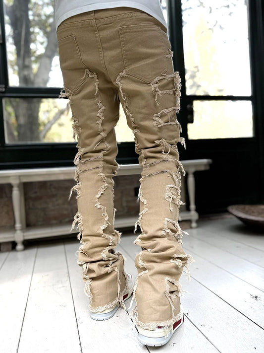 Men Trousers Individual Patched Pants Long Tight Fit Stacked Jeans For Mens Clothing - Enfance-Heureuse