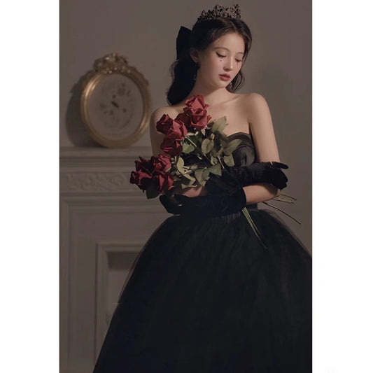 Black Evening Dress Can Wear Birthday Host Light Luxury Niche Wipe Chest Long - Enfance-Heureuse