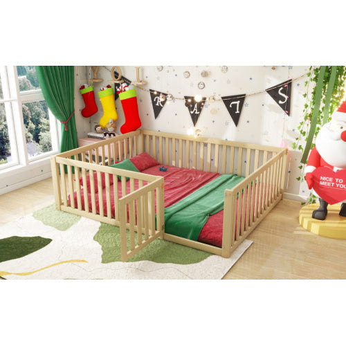 Kinderbett 140 X 200  Holzboden Bettrahmen Mit Zaun Und Tur  Holzfarbe