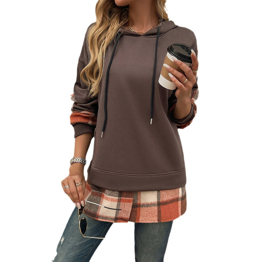 Women's Vintage Oversized Hoodie With Plaid Patchwork Stylish Y2k Clothing Streetwear Round Neck Hooded Long Sleeve Sweatshirts - Enfance-Heureuse