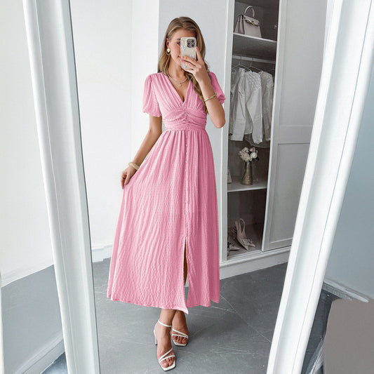 Elegant Vacation Style Deep V Short Sleeve Maxi Dress - Enfance-Heureuse