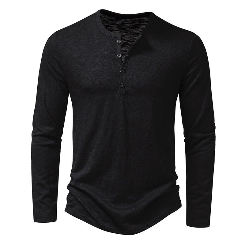 Mens Clothing Long Sleeve T-shirt Fashion Button Henry Collar Tops - Enfance-Heureuse