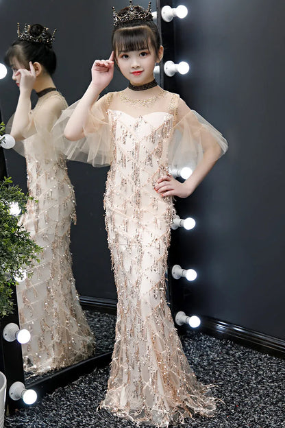 Children's Evening Model Catwalk Princess Dress Trailing Girl Little Host Fishtail Little Girl High-end Costumes - Enfance-Heureuse