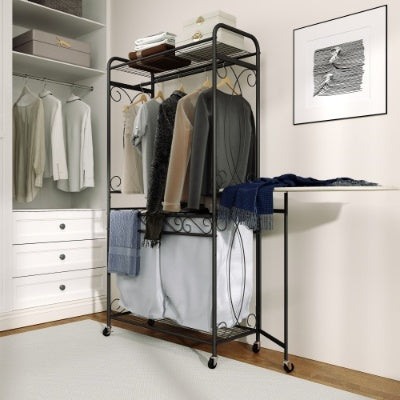 Panier à linge multifonction avec tringle de suspension et étagère de rangement. Chariot à linge roulant avec roulettes, cadre en métal robuste pour salle de bain, buanderie ou chambre.