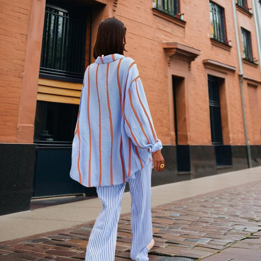 Women's Casual Striped Button-Down Shirt With Drop Sleeves Comfortable Loose-Fit Long Sleeve Top For Spring & Fall - Enfance-Heureuse