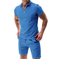 2Pcs Casual Waffle Suit Summer Zipper Lapel Short-sleeved Top And Drawstring Pockets Shorts Versatile Solid Color T-shirt Set For Mens Clothing - Enfance-Heureuse